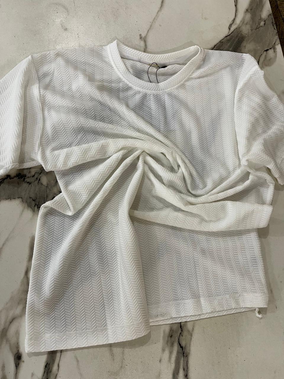 White Textured Crew Neck Tee